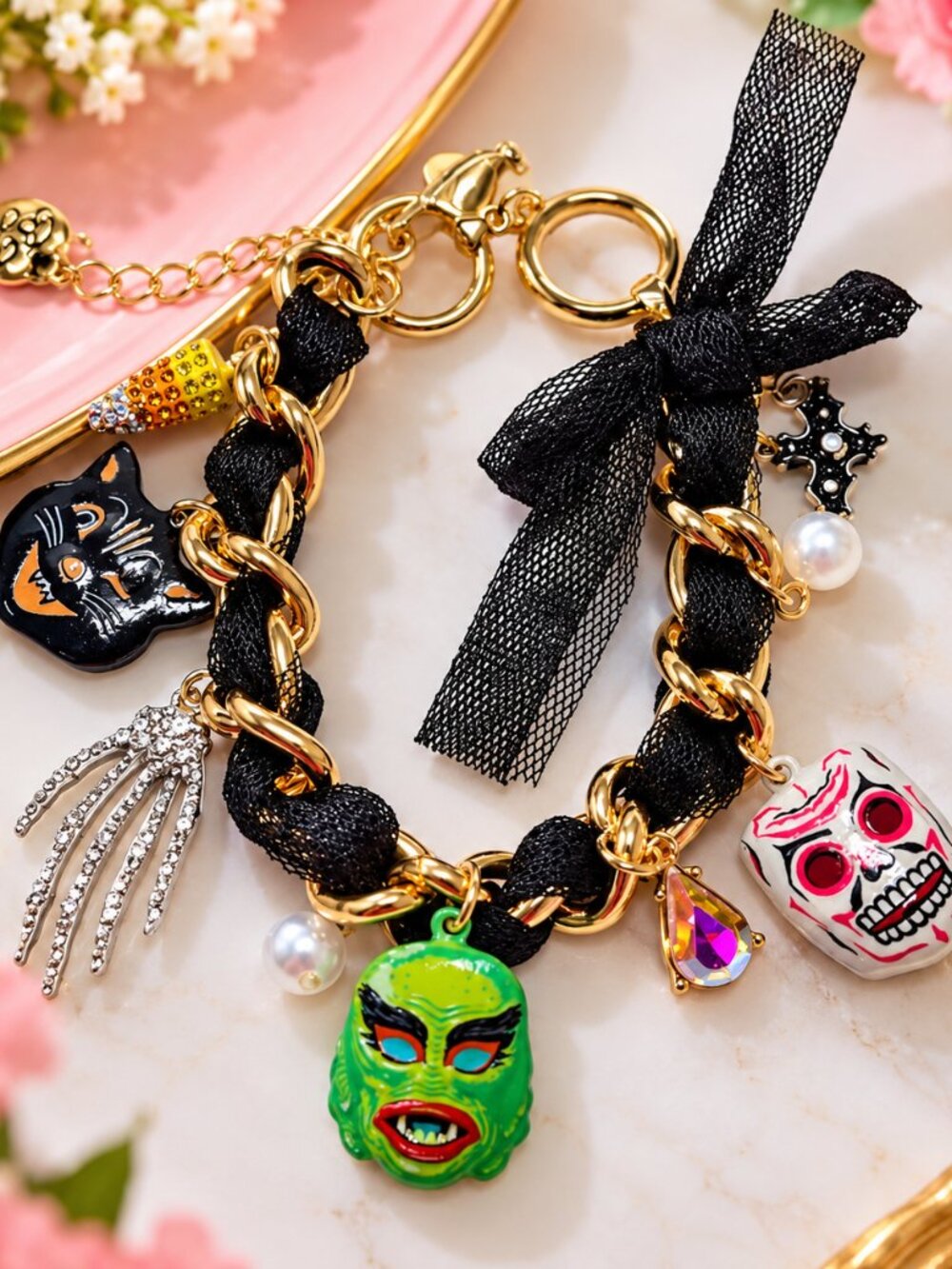 NWT Betsey Johnson Halloween Charm Bracelet Masks cat candy Corn skeleton